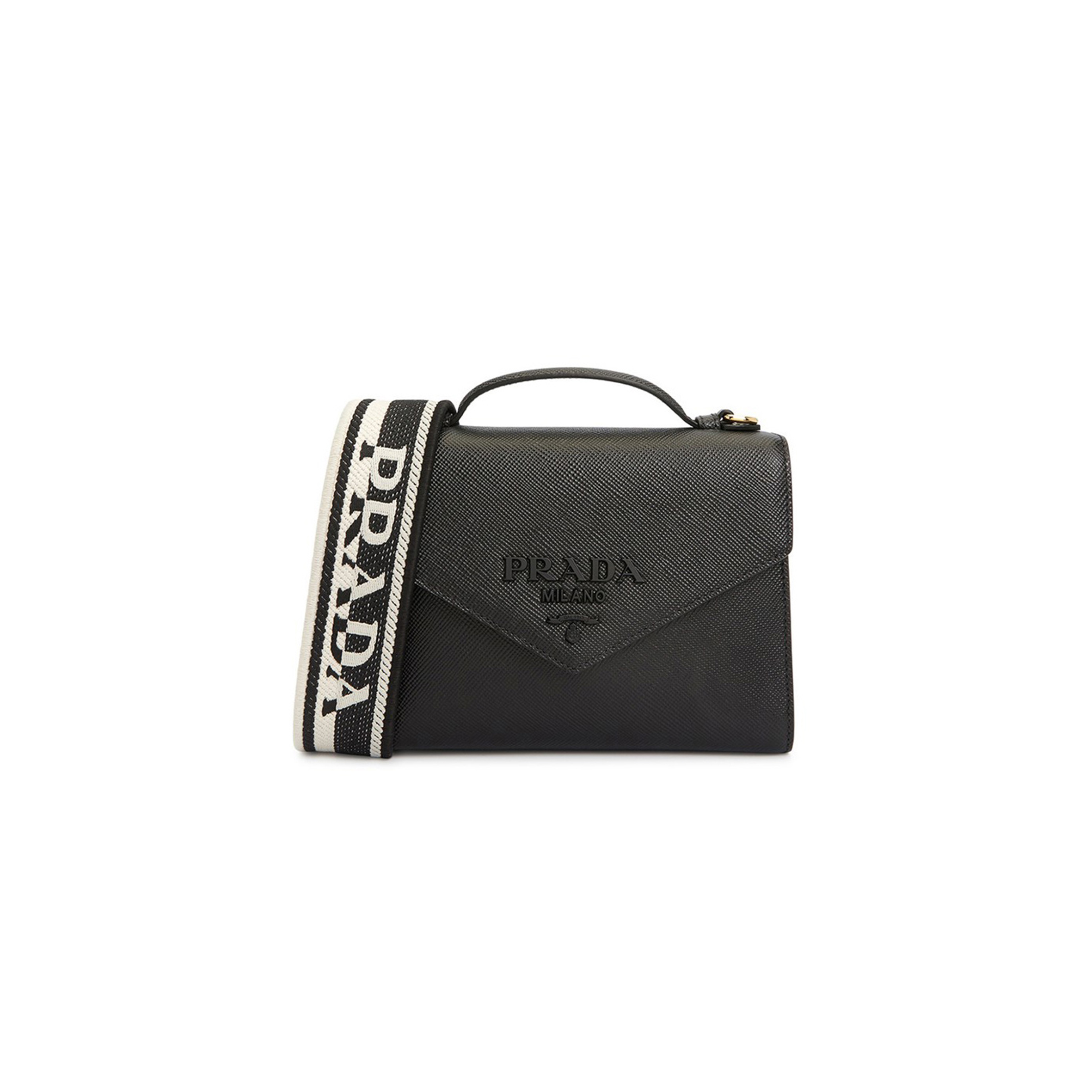 PRADA SHOULDER BAG HANDBAG MONOCHROME SAFFIANO BLACK 1BD317 (21*14*6.5cm)